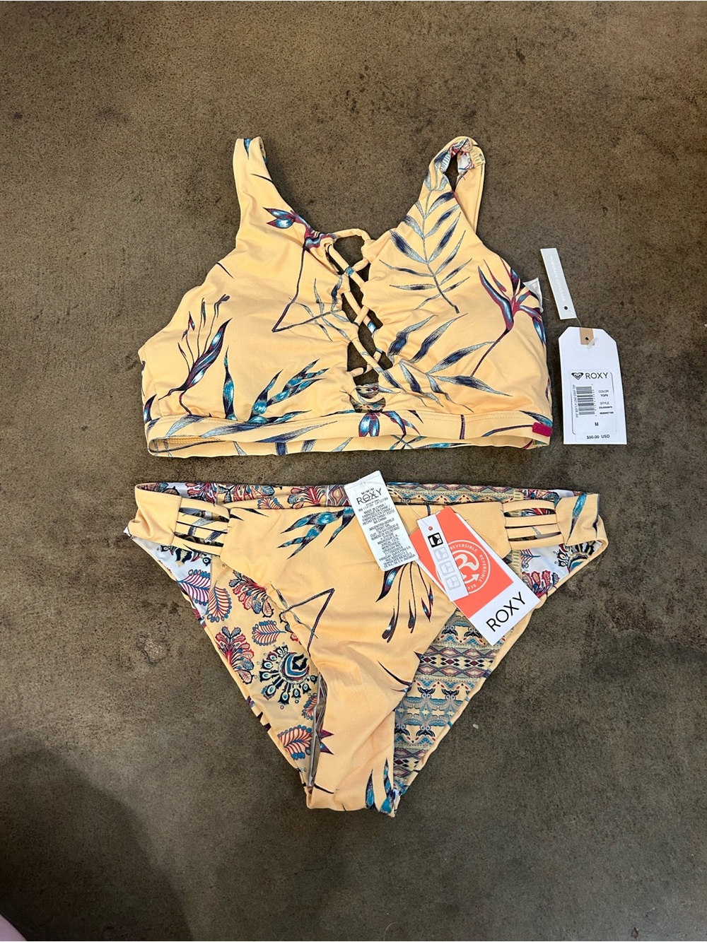 Roxy Yellow Floral Lace-Up Bikini Set with Blue & Pink Accents